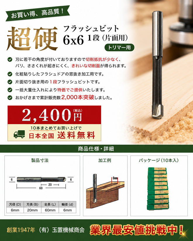 �ڋʏ��i�@�̔�����2000�{�ȏ�I�@�������߃t���b�V���r�b�g�@�g���}�[�p�@6x6 �P�i�i�Жʗp�j�@2,400�~�i�ō��݁j